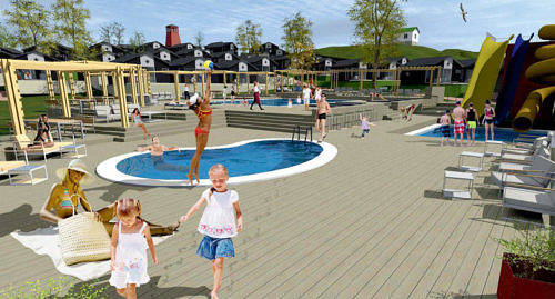 4,5 MILJONER EURO Så mycket är Mariepark Ab villig att satsa på arrendeområdet i Västra hamnen i form av 50 mindre hotellstugor och poolområde. Ett krux är att stadens reningsverk ligger bara ett stenkast ifrån. Illustration: