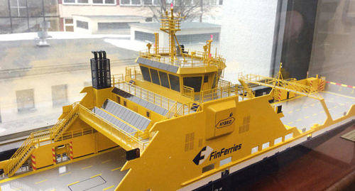 FinFerries nybygge finns än så länge bara som modell. Färjan ska sättas i trafik mellan Nagu och Pargas.