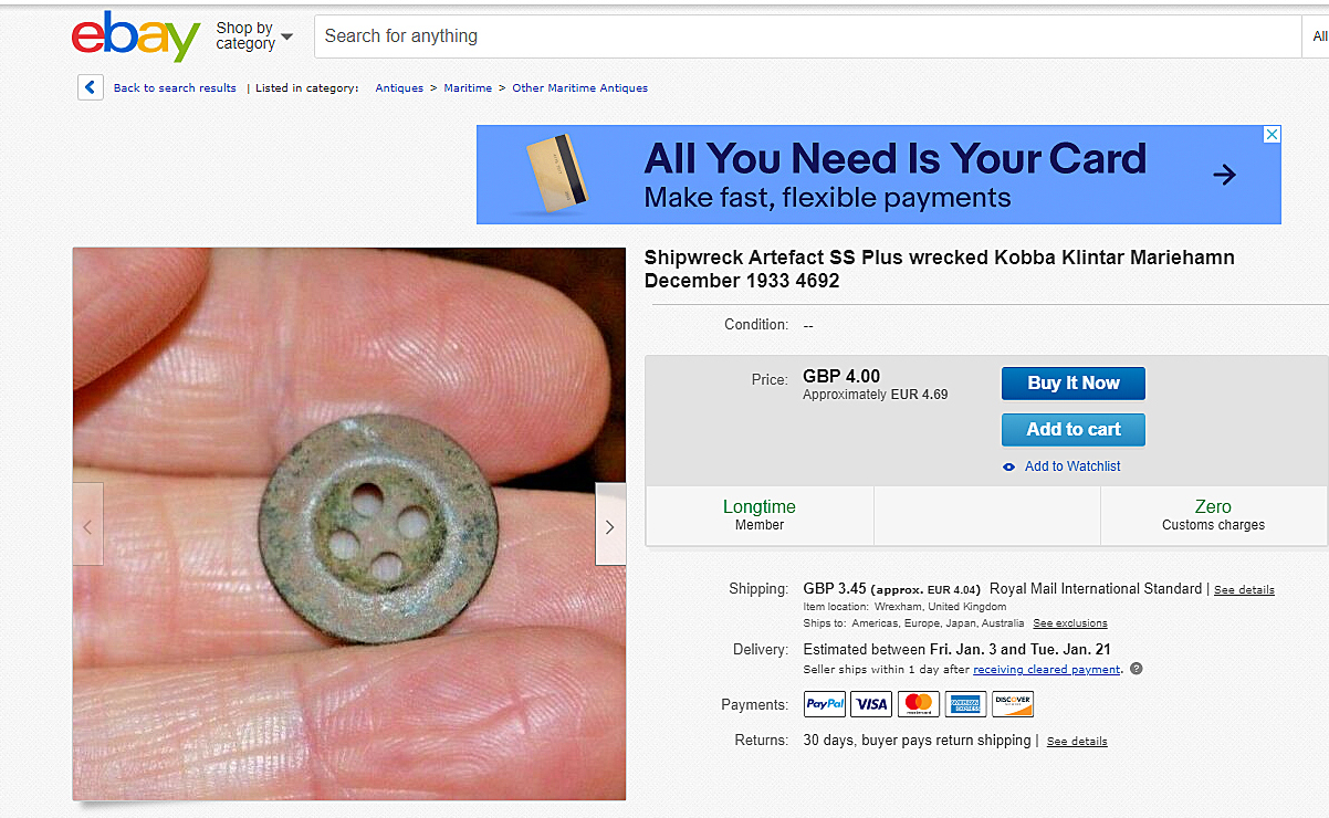 Knappar från åländskt vrak på Ebay